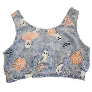 Halloween Fuzzy Crop Top Fleece Halter Ghosts Pumpkins Women's Large Actual M, S